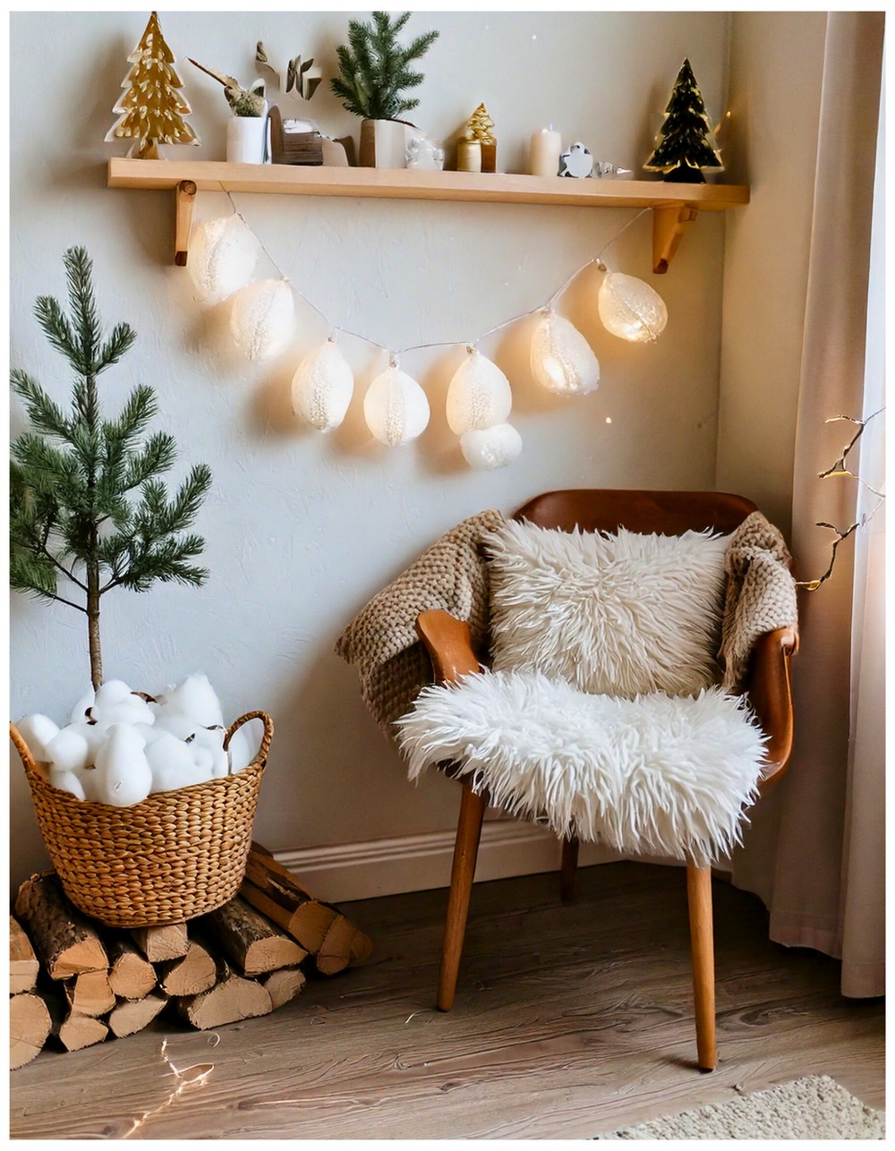 DIY fluffy cotton ball snow garland for a cozy wall accent