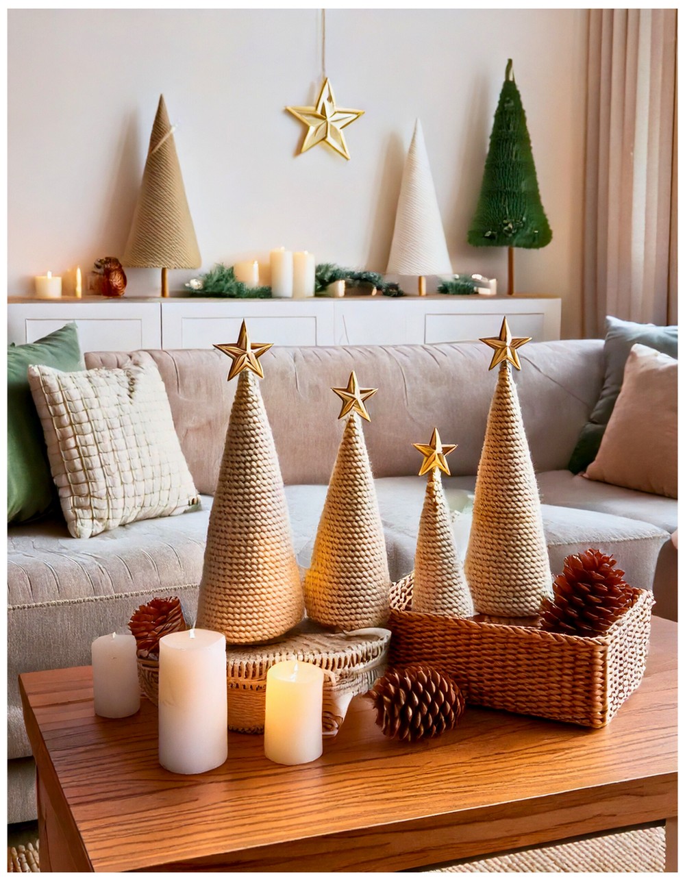 Cone-shaped yarn Christmas trees with golden star toppers and mini pinecones