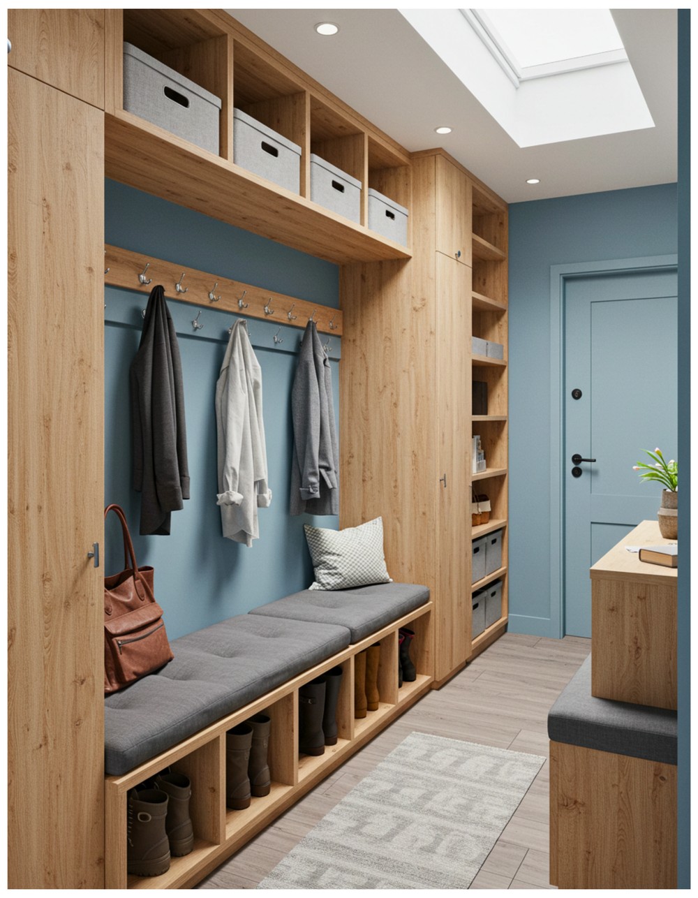 Mudroom Hallway with Built-In Coat Racks and Shelves