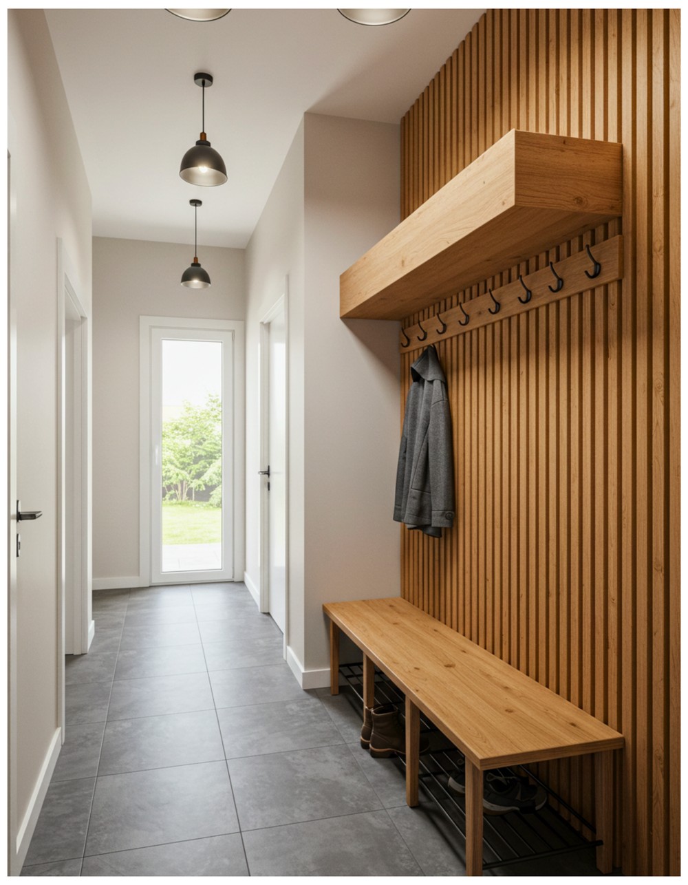 Mudroom Hallway with a Slatted Wood Wall