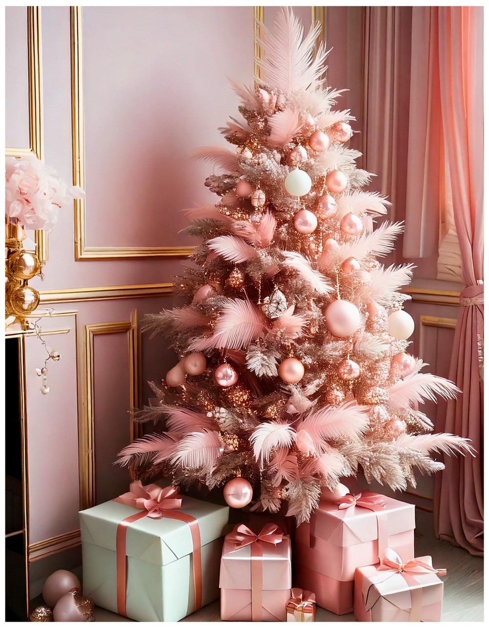 Rose gold and blush pink tree with feathered garlands and pearl accents