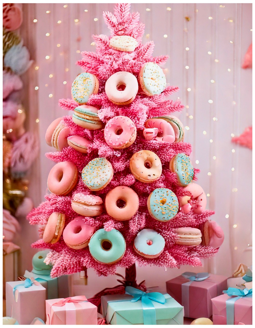 Pink tree with whimsical pastel macarons and faux sprinkle donuts