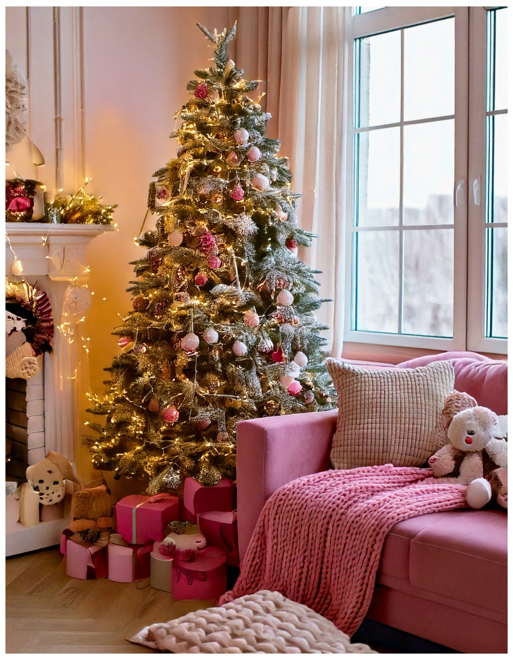 Pink tree with cozy knit garlands and plush teddy bear ornaments