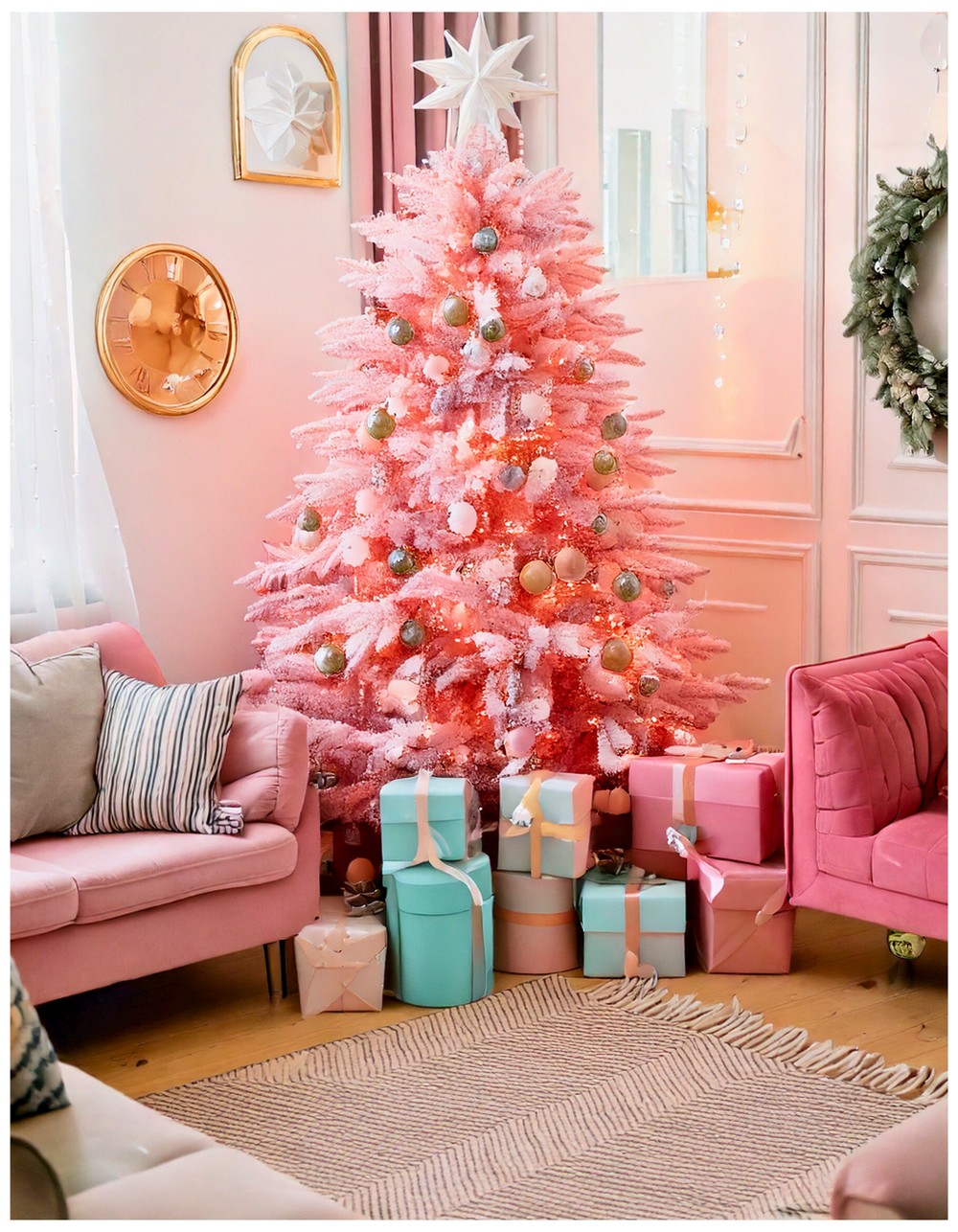 Pink tree surrounded by pastel gift boxes stacked in geometric arrangements