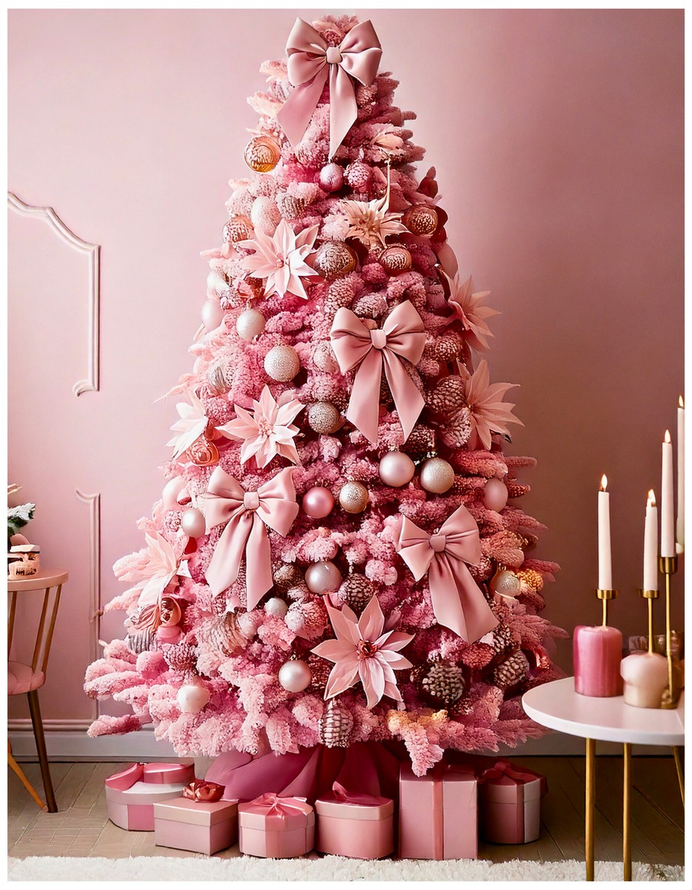 Pink flocked tree decorated with oversized velvet bows and blush poinsettias