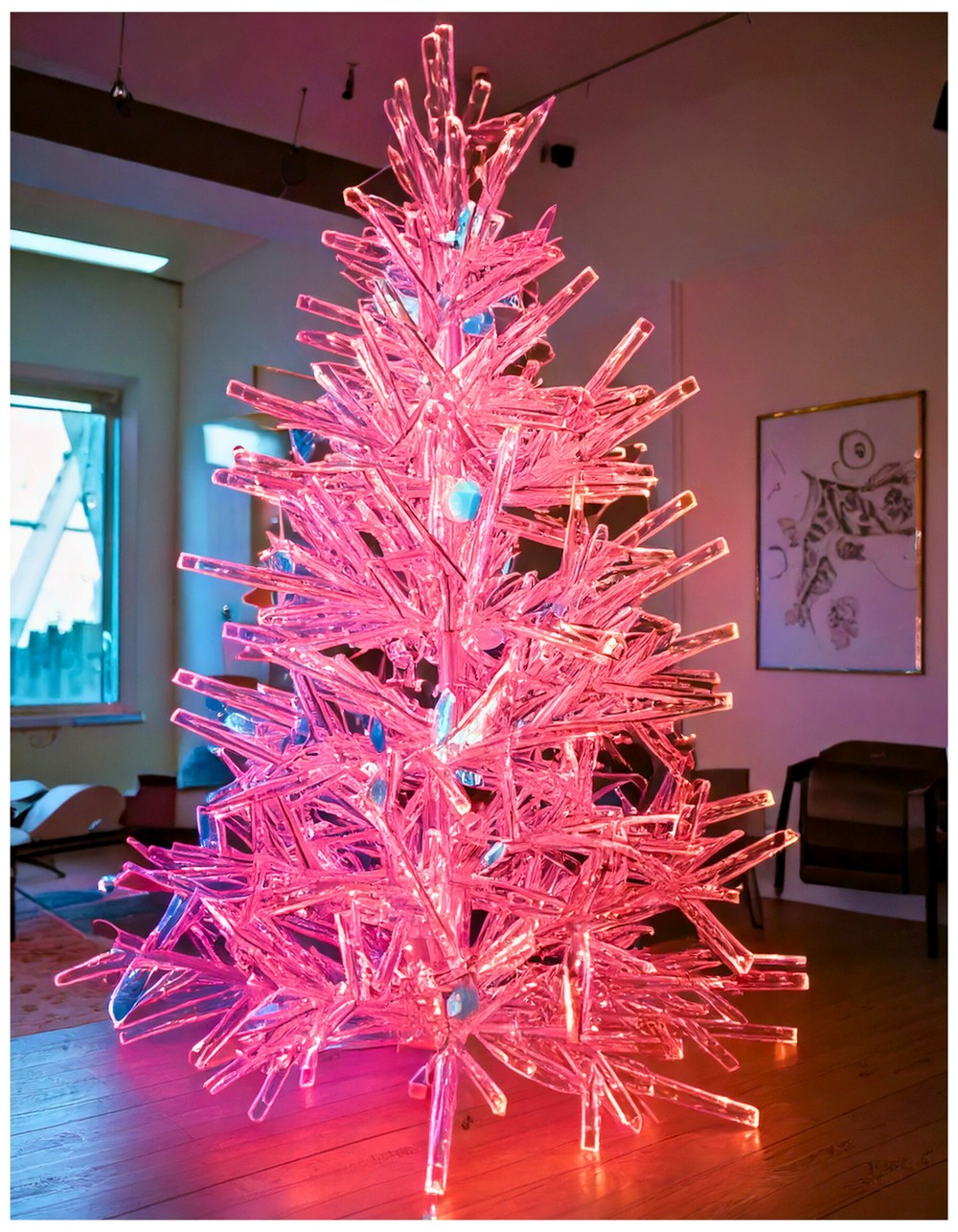 Modern pink tree with neon lights and geometric acrylic ornaments