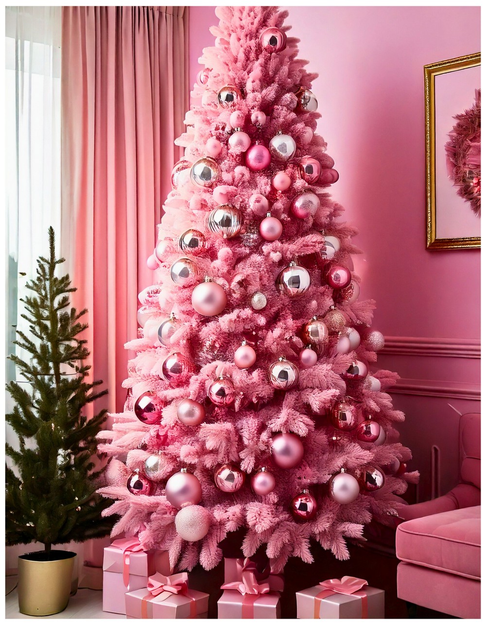 Barbiecore-inspired pink Christmas tree with metallic ornaments and disco balls