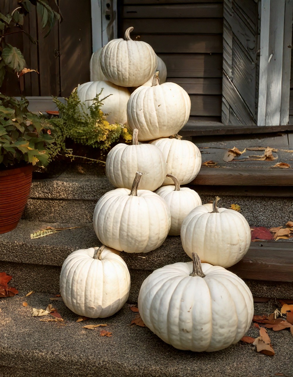 Soft White Pumpkin Cluster on the Porch Steps