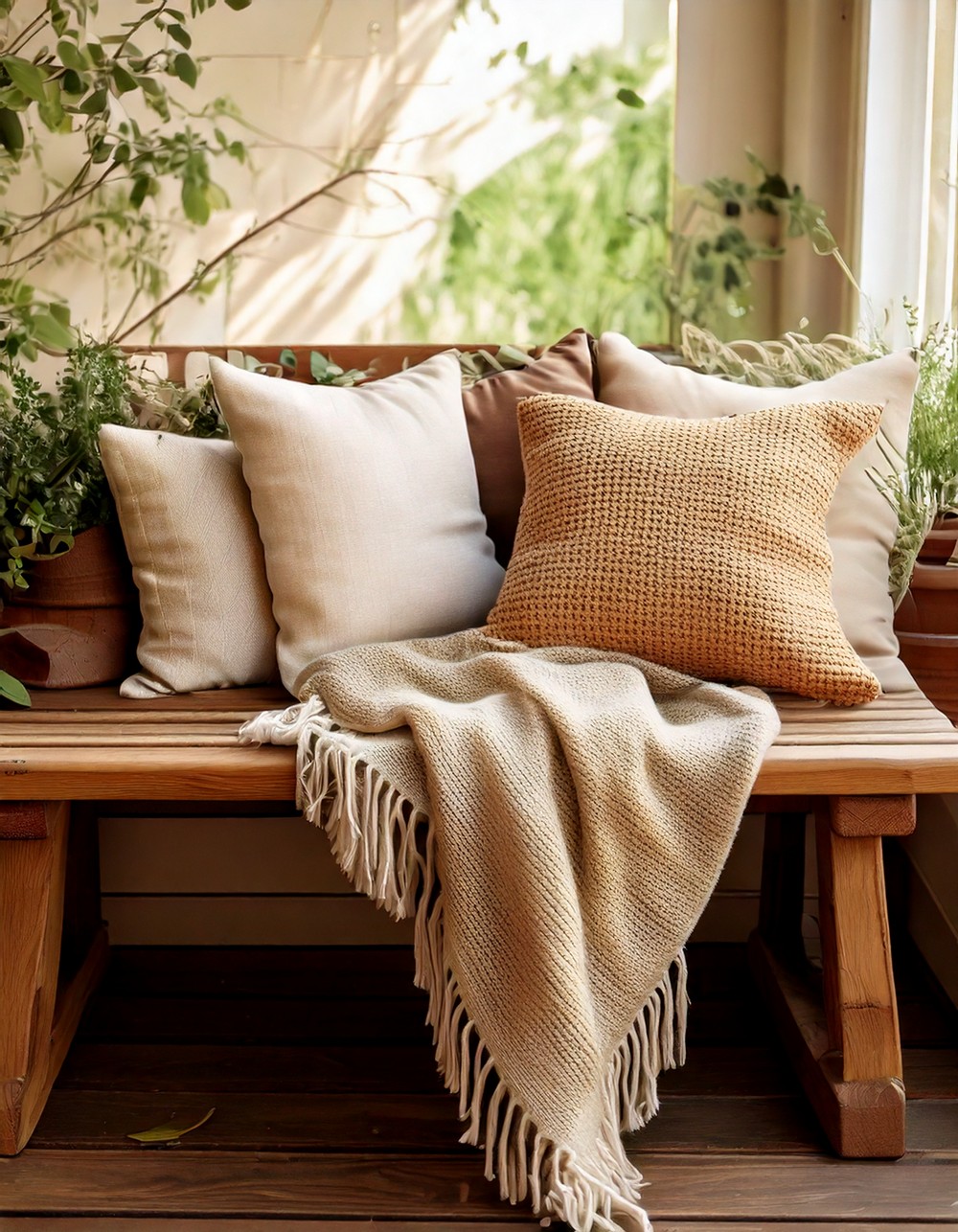 Linen Throw on a Wooden Bench with Neutral Cushions
