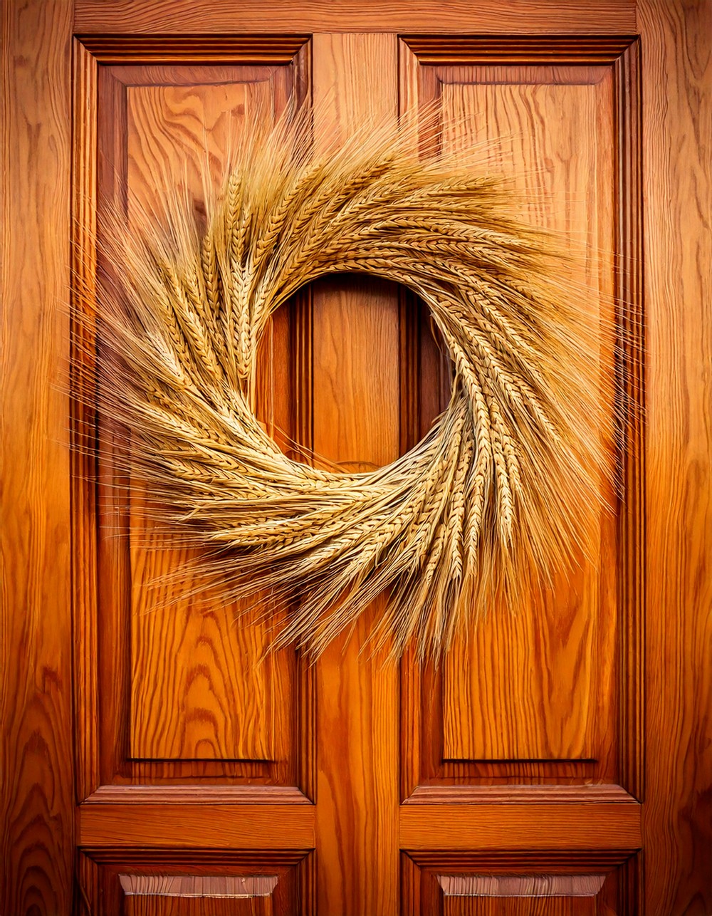 Simple Wheat Wreath on a Natural Wood Door