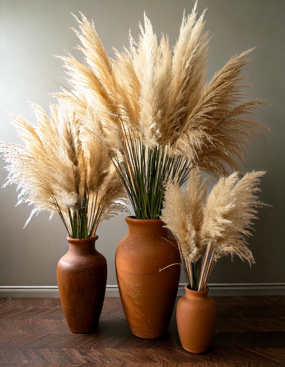 Tall Pampas Grass Arrangements in Clay Vases