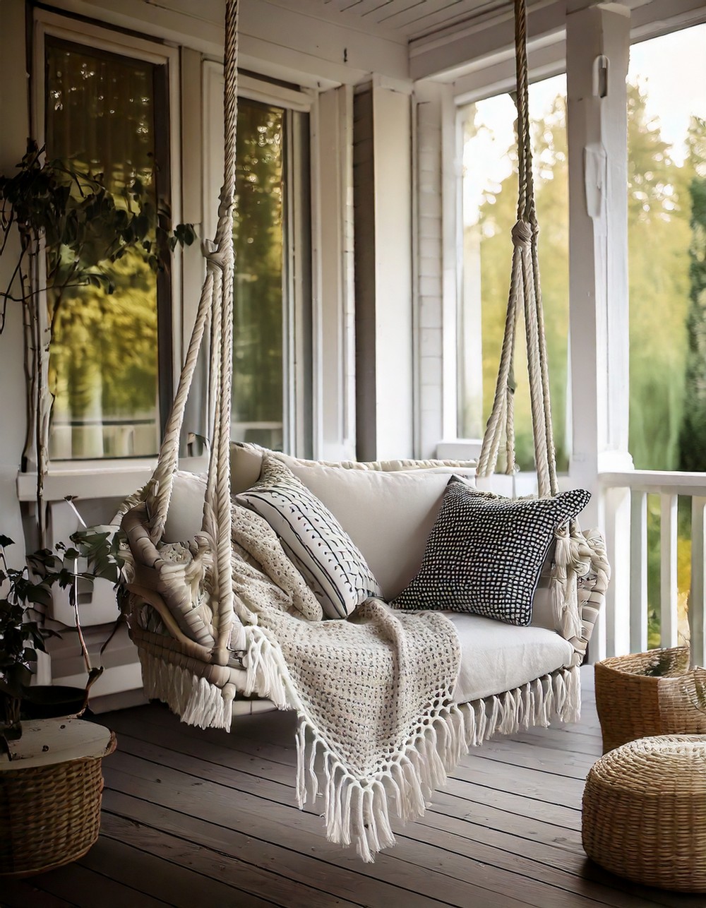 Monochrome Porch Swing with Cozy Neutral Textiles