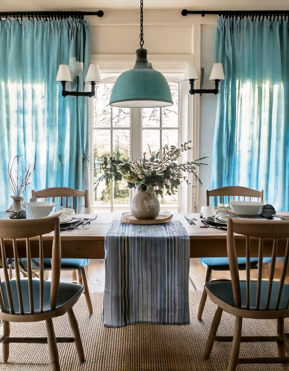 Farmhouse Dining Room with Subtle Blue Accents