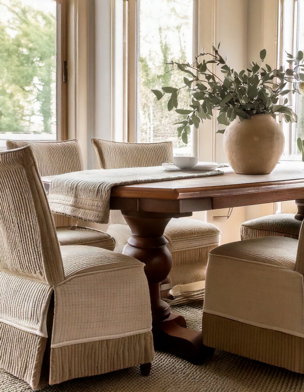 Dining Room with a Simple Centerpiece and Neutral Tones