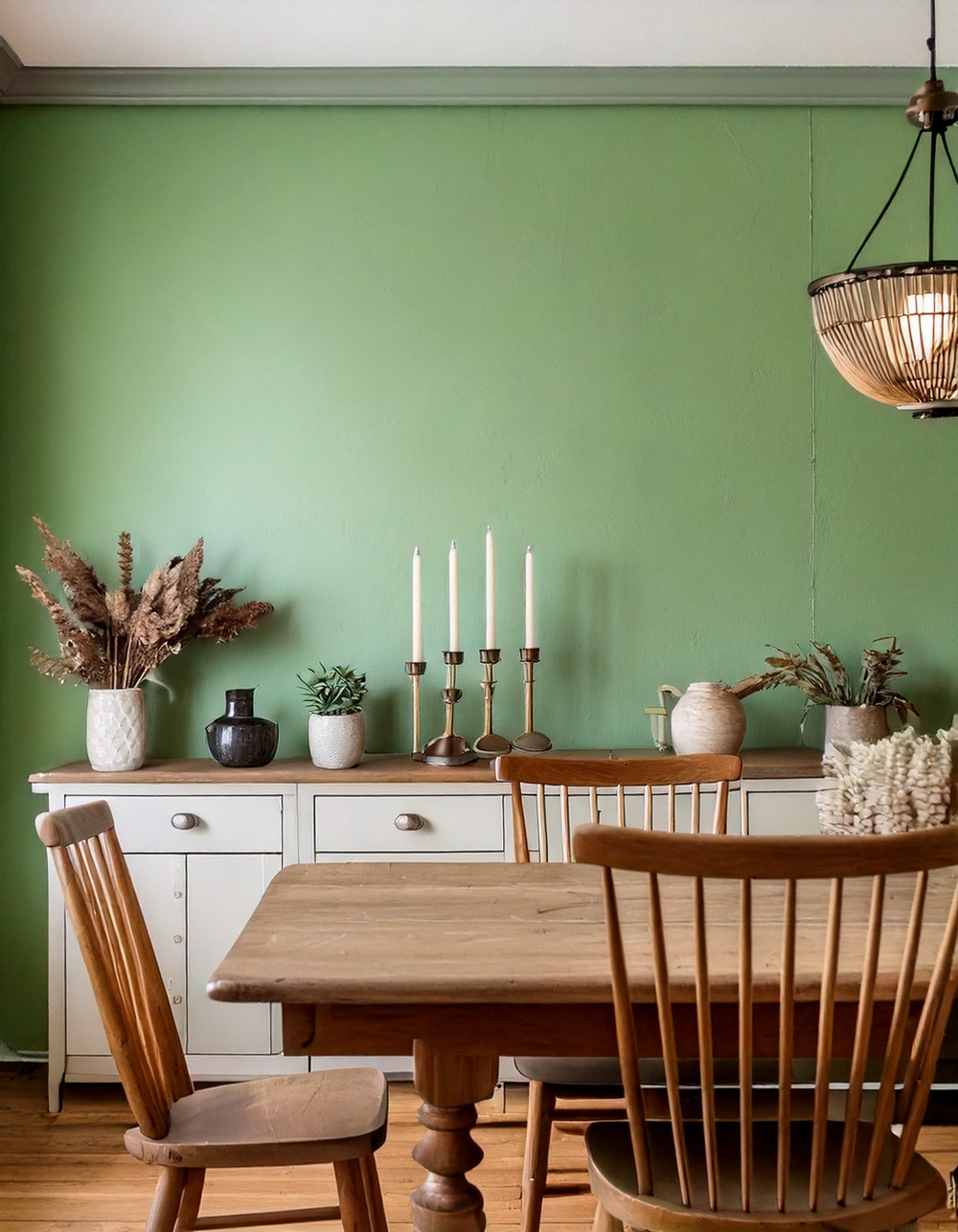 Farmhouse Dining Room with a Soft Green Accent Wall
