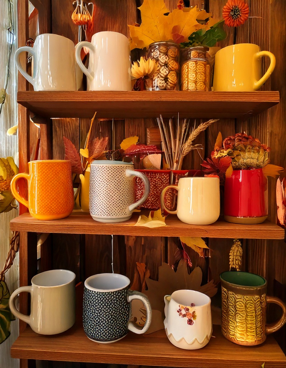 Fall-Themed Mug Display on a Rack