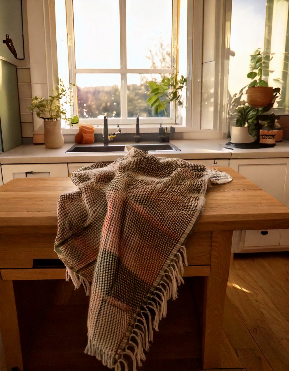 Throw Blanket Over a Kitchen Bench