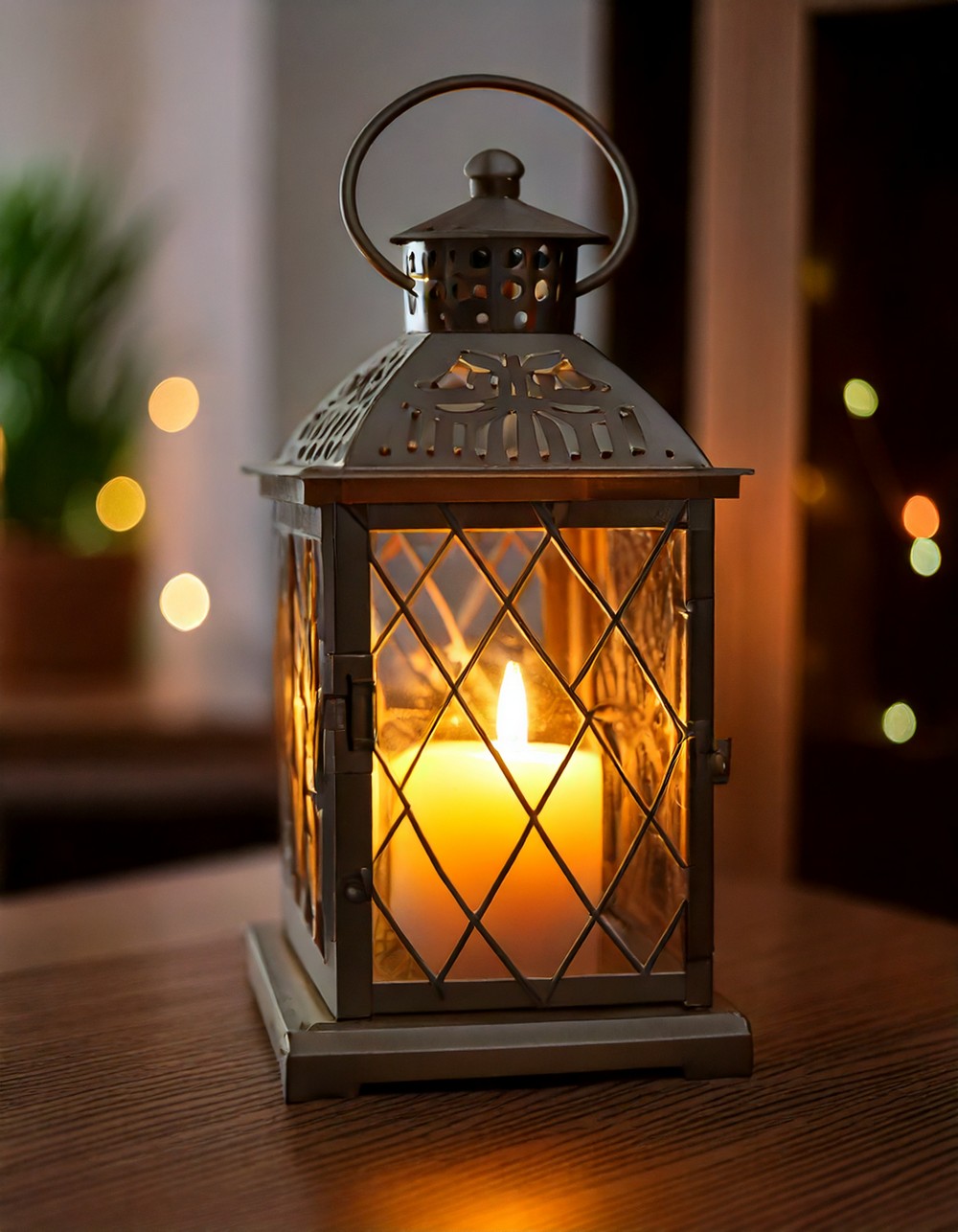 Lantern with LED Candle on the Counter