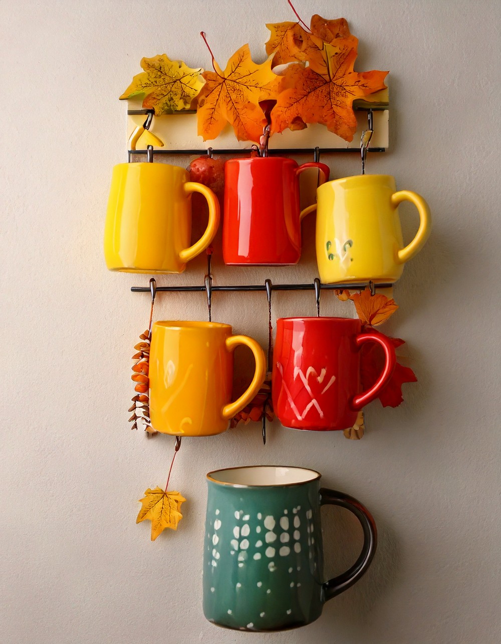 Wall-Mounted Hooks for Autumn-Themed Mugs