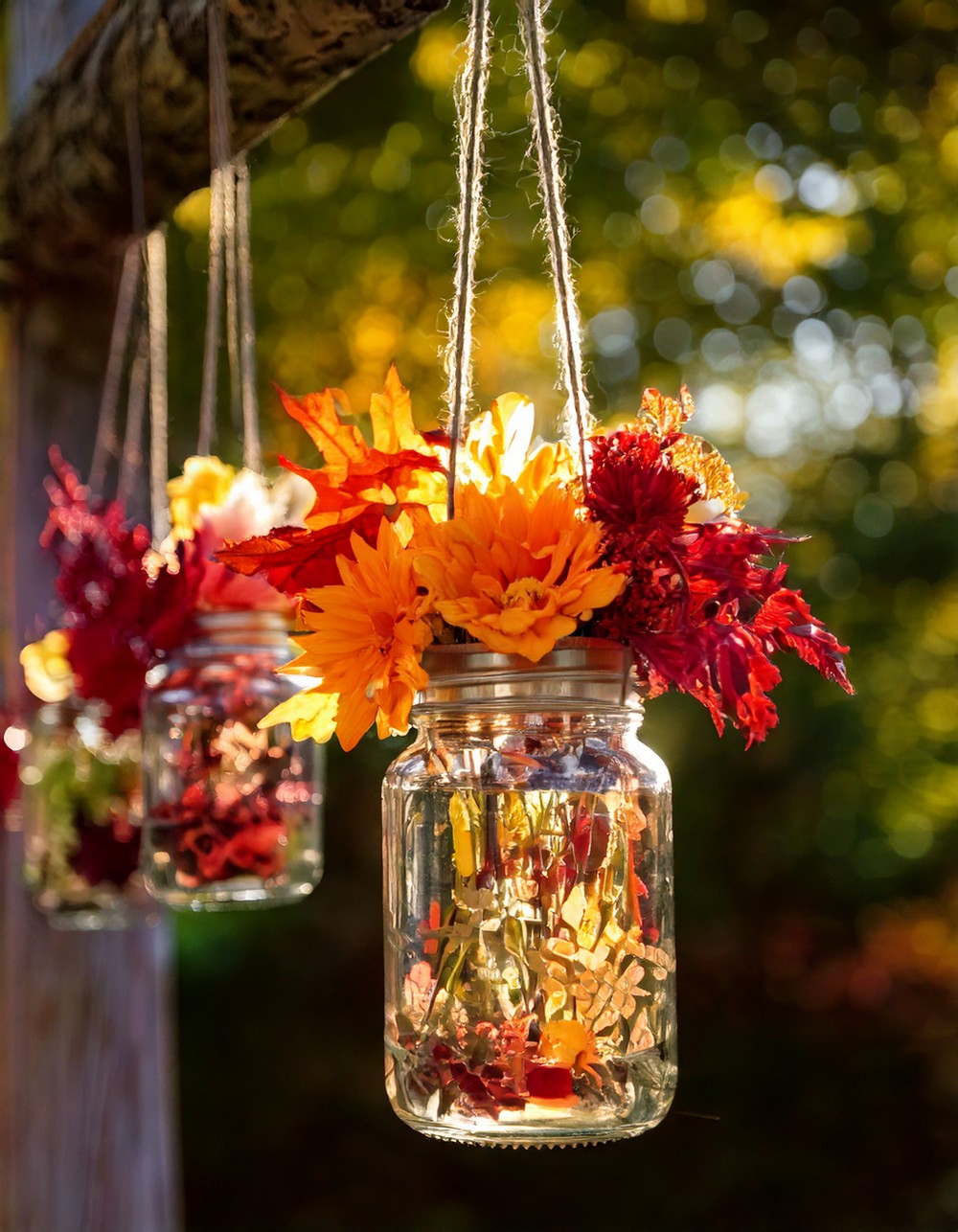 Hanging Mason Jars with Faux Fall Flowers