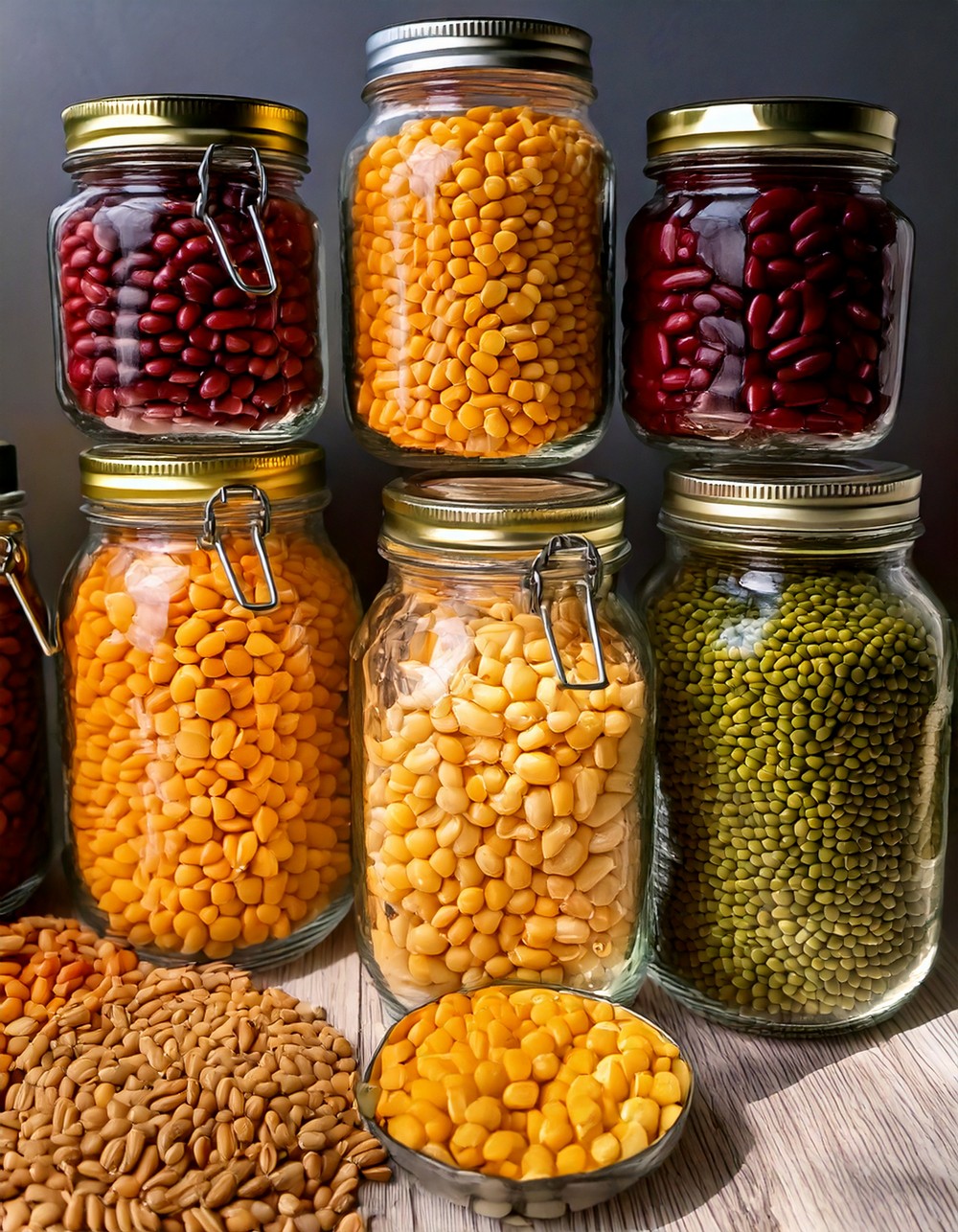 Mason Jars Filled with Dried Corn and Beans