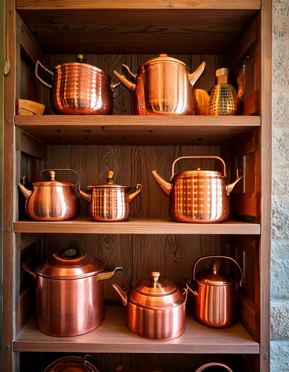 Copper Kettles and Pots on Open Shelves
