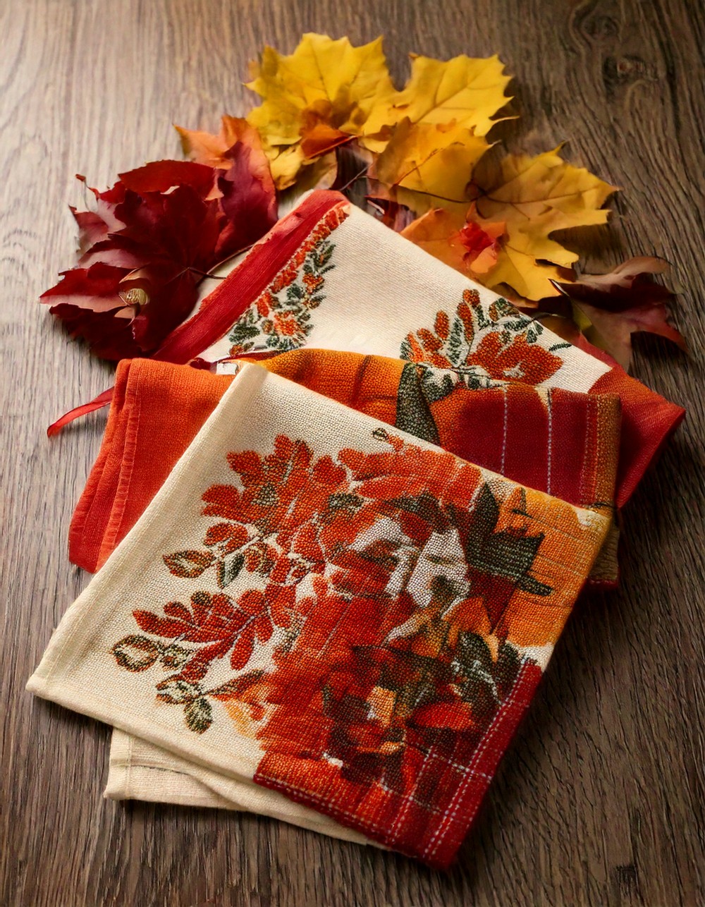 Hand-Embroidered Dish Towels with Autumn Motifs