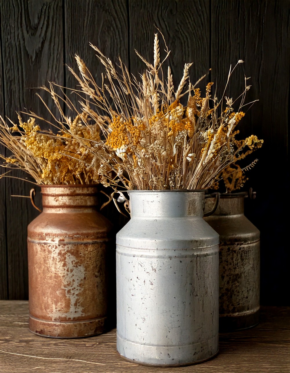 Rustic Metal Milk Cans with Dried Flowers