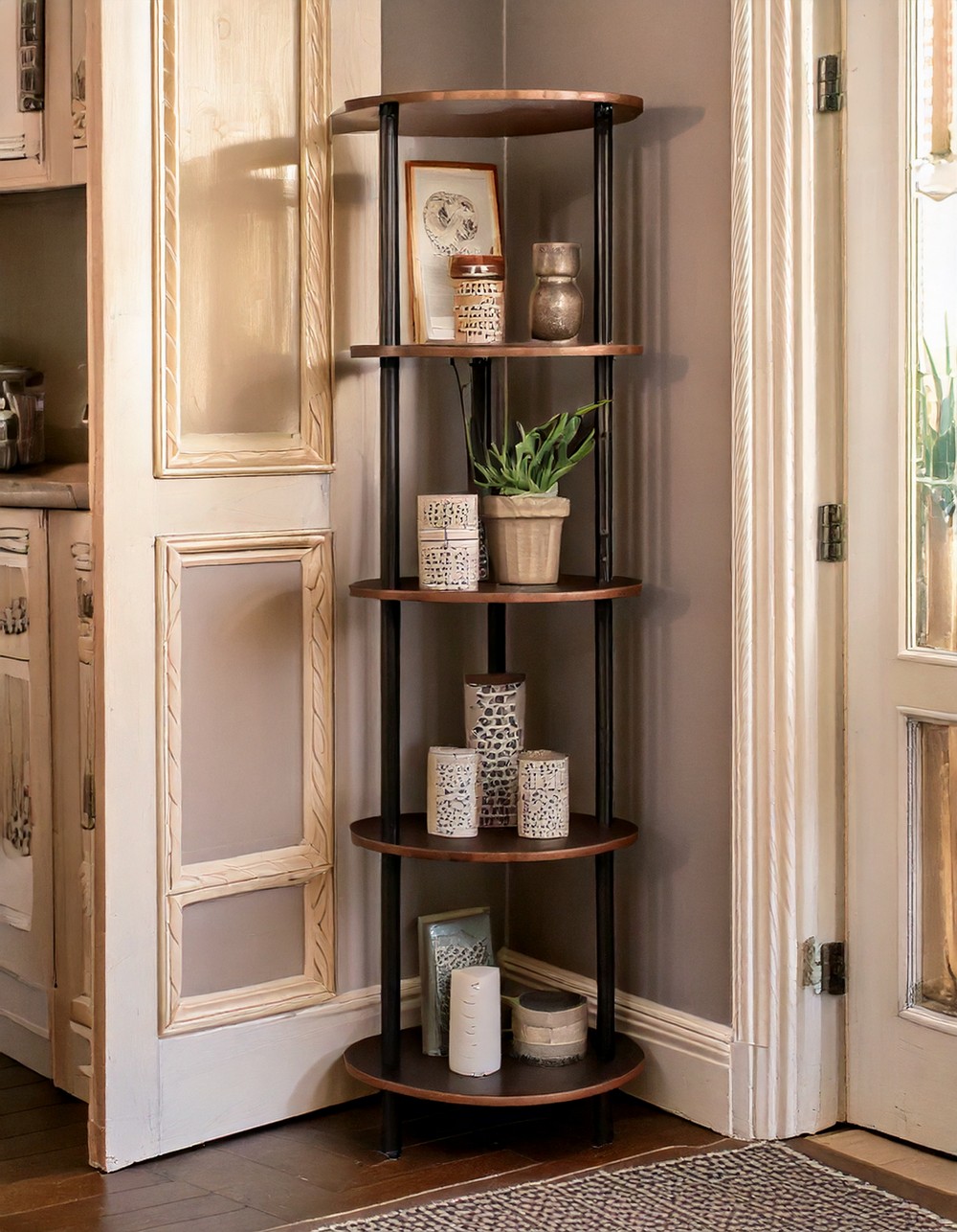 Utilize corner shelving units