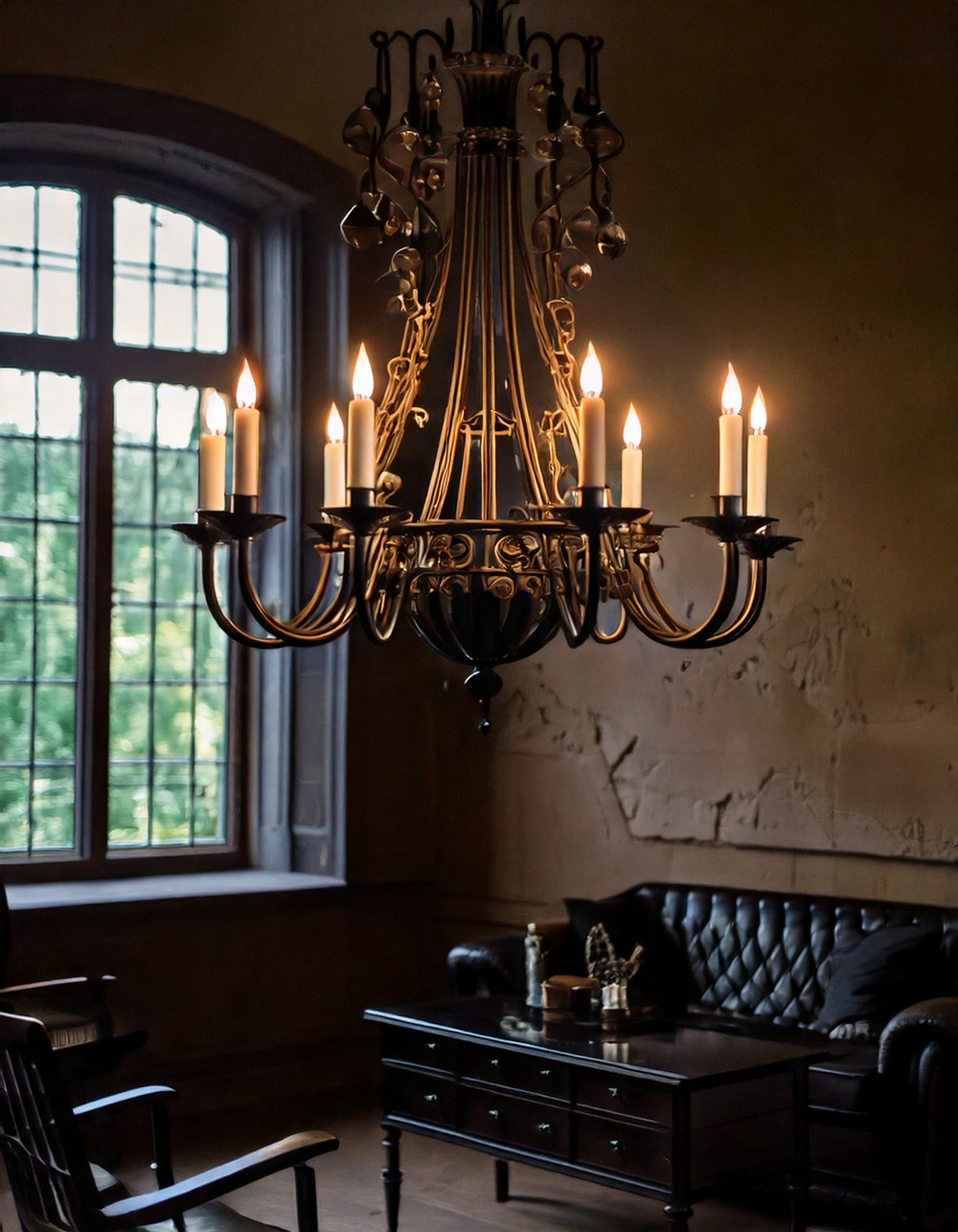 Black Iron Chandelier with Gothic Details