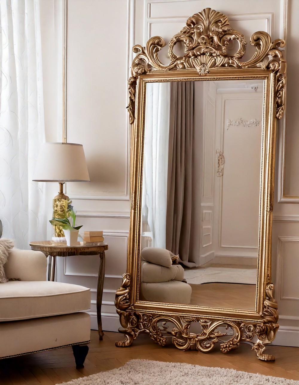Oversized Vintage Floor Mirror with Ornate Frame