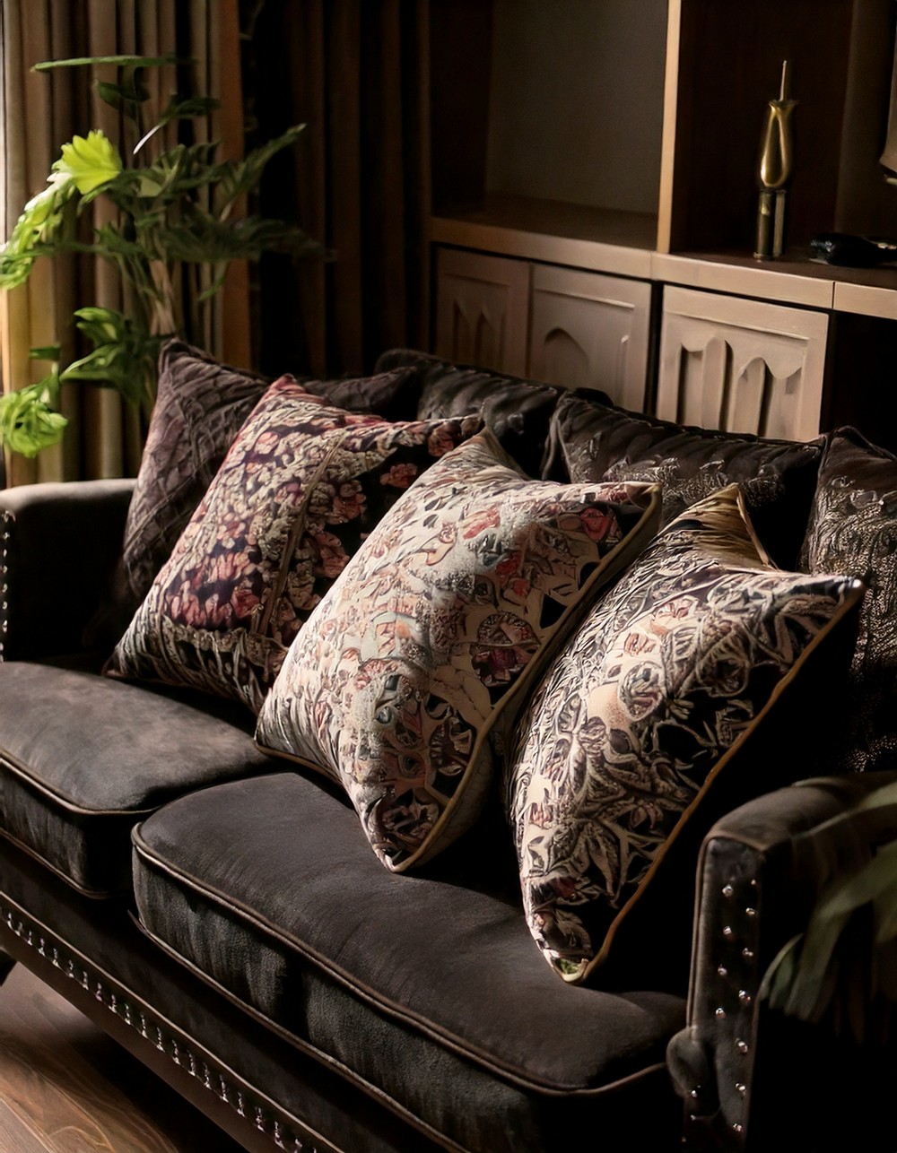 Dark Floral Patterned Throw Pillows