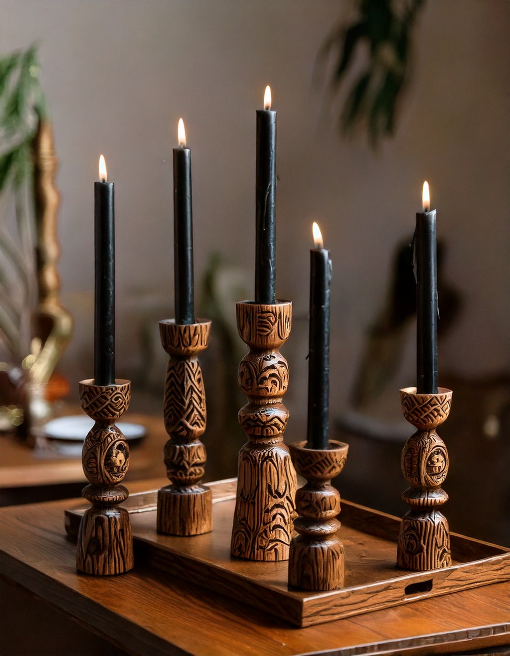 Carved Wooden Candle Holders with Black Candles
