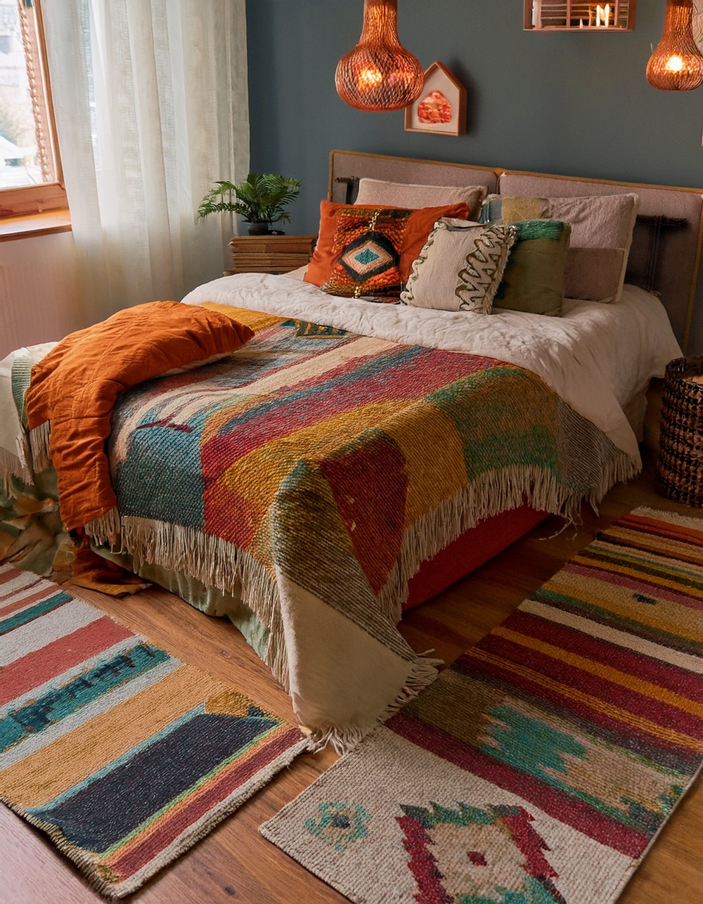 Layer colorful patterned rugs for a cozy floor vibe
