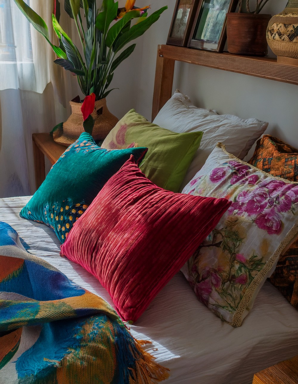 Use mismatched vintage throw pillows in vibrant colors