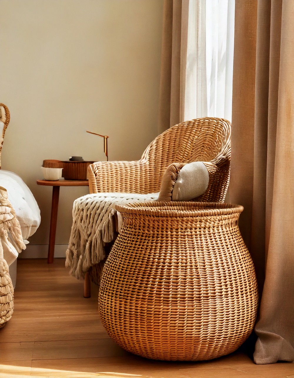 Add woven baskets for stylish storage solutions