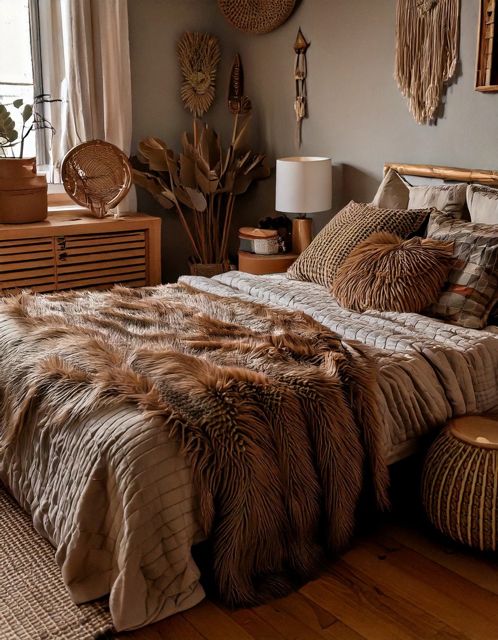 Mix textured throws like faux fur and knitted blankets