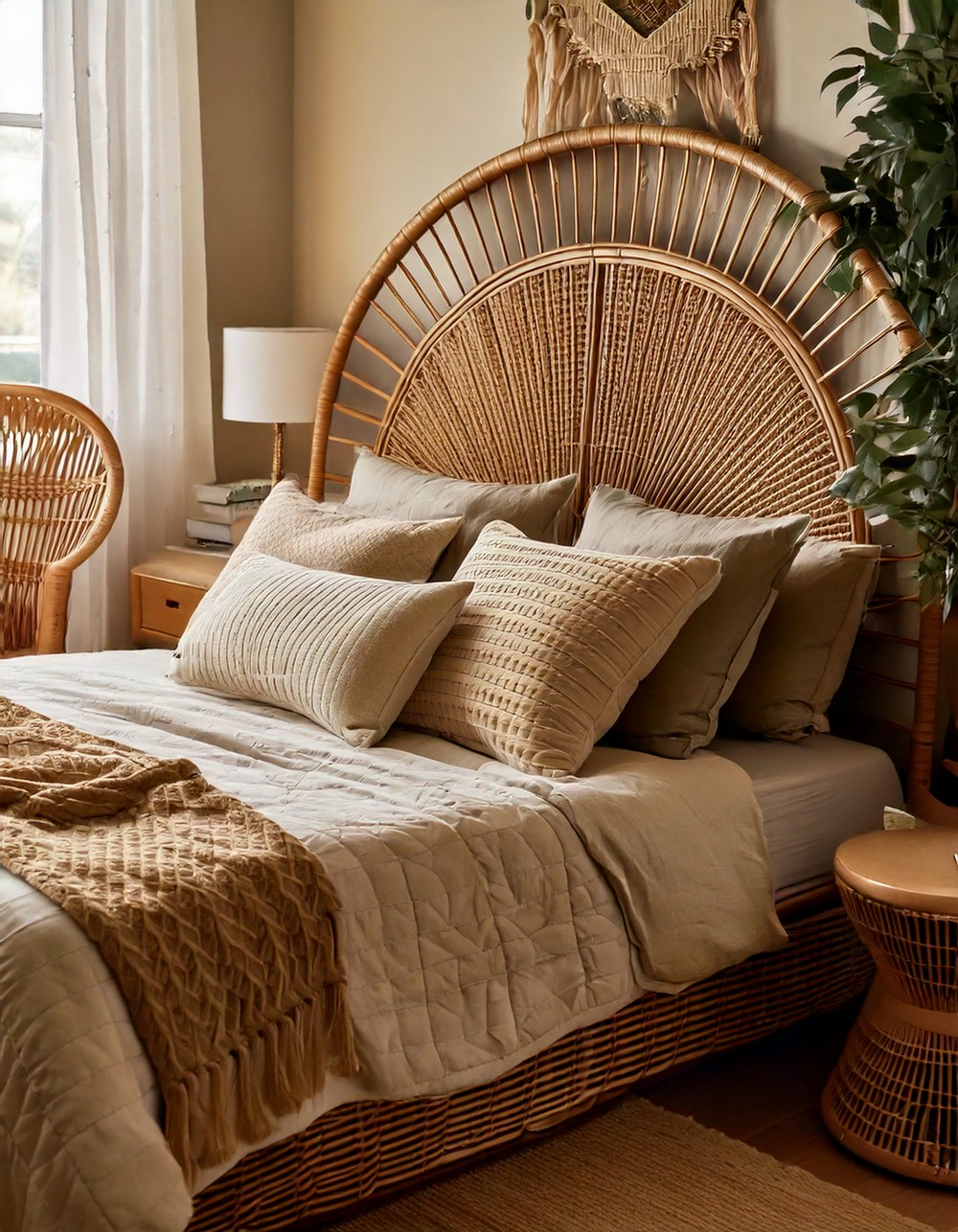 Use a rattan or wicker headboard for natural charm