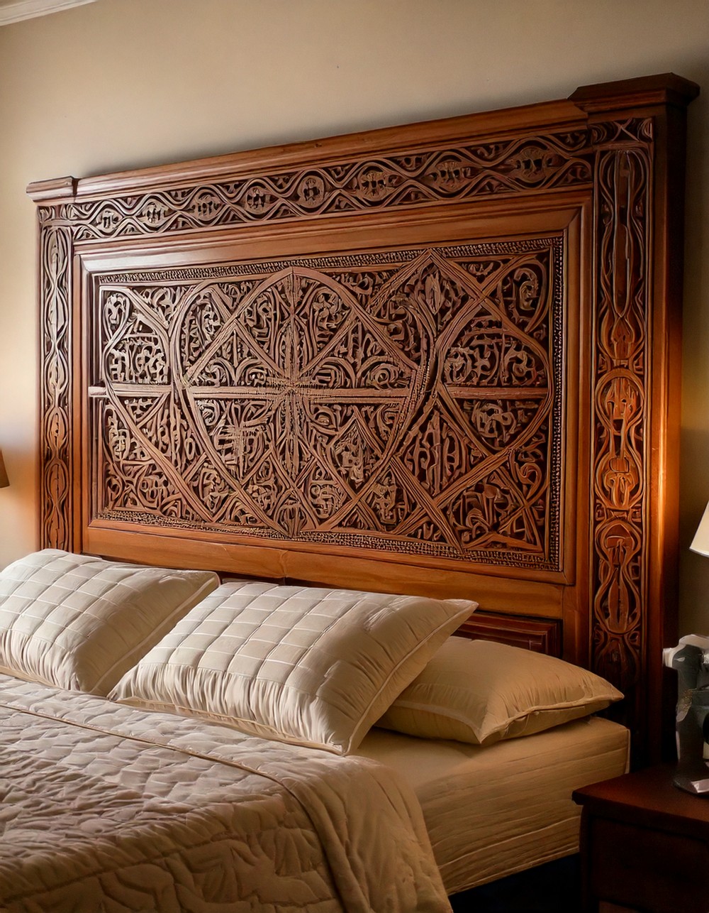 Hand-Carved Wooden Headboard with Intricate Details