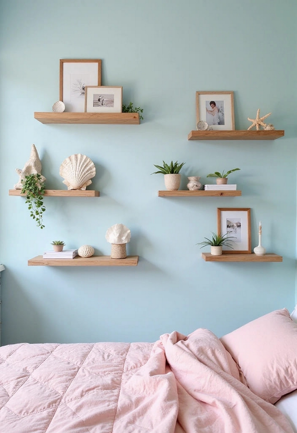 Floating shelves in pink coastal bedroom