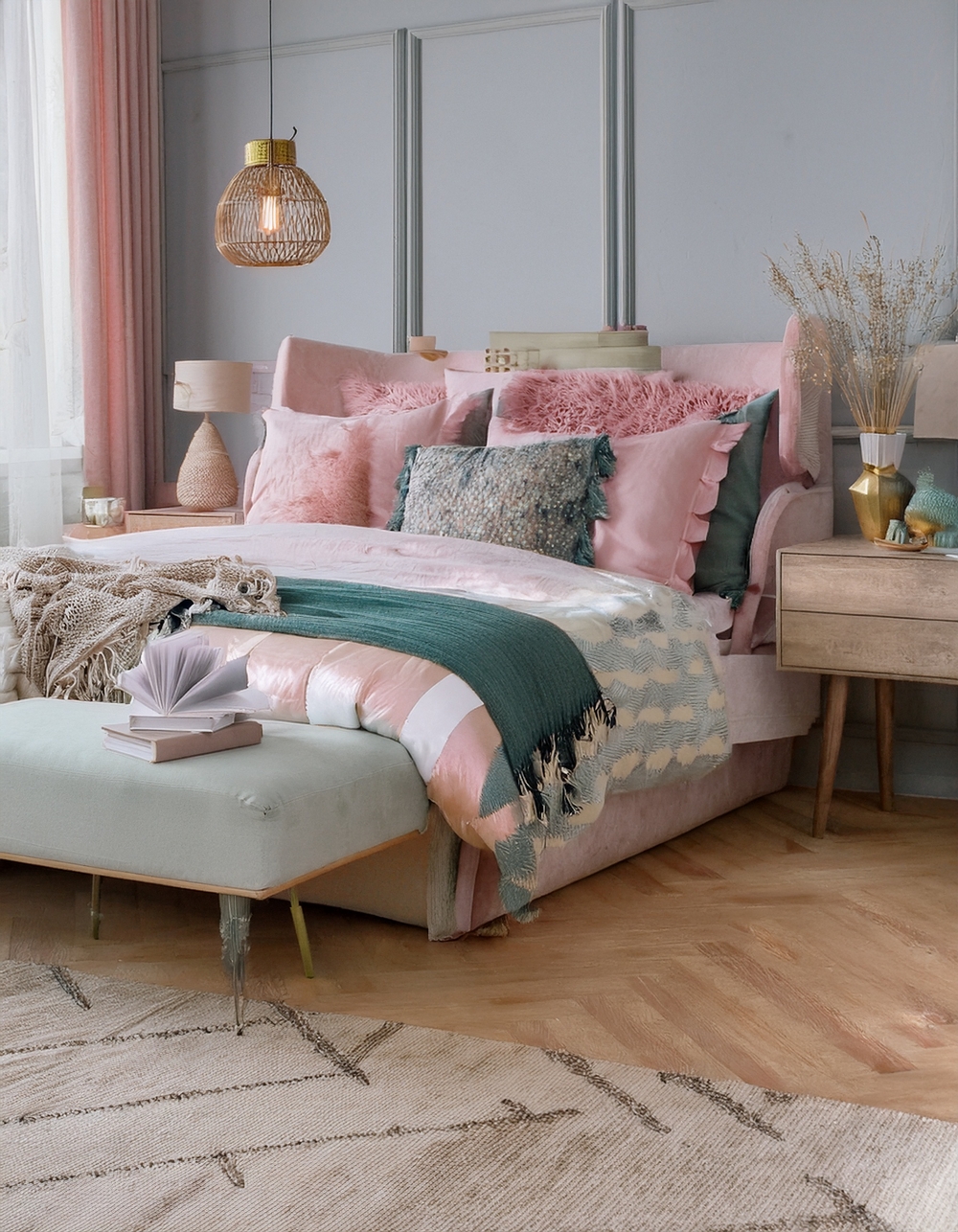 Multi-functional furniture in pink coastal bedroom