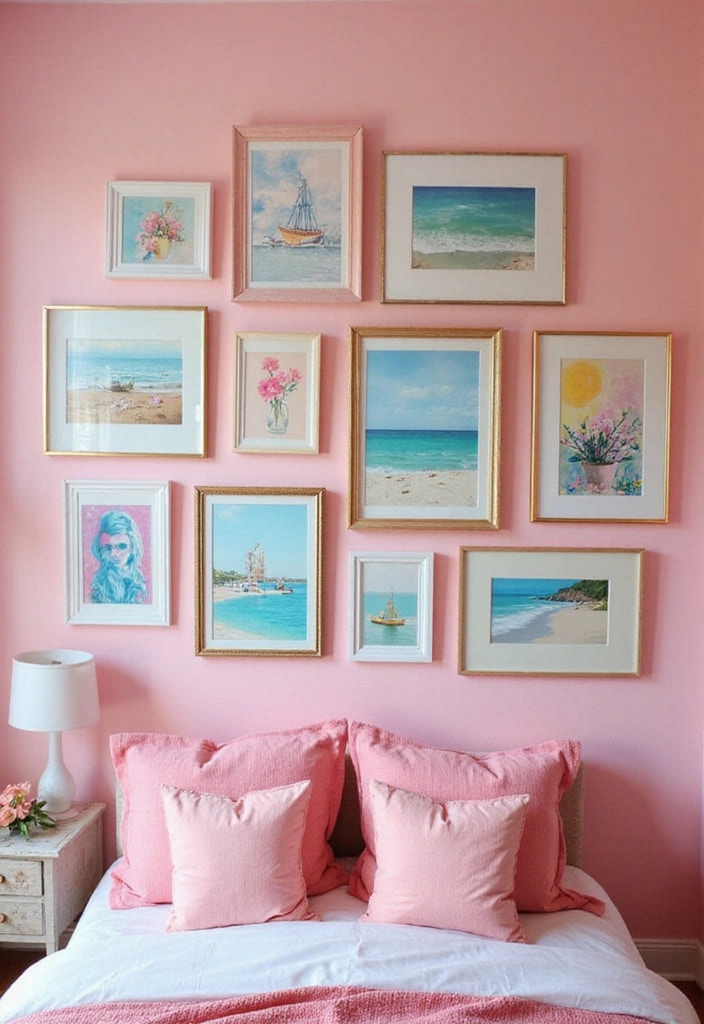 Gallery wall in pink coastal bedroom