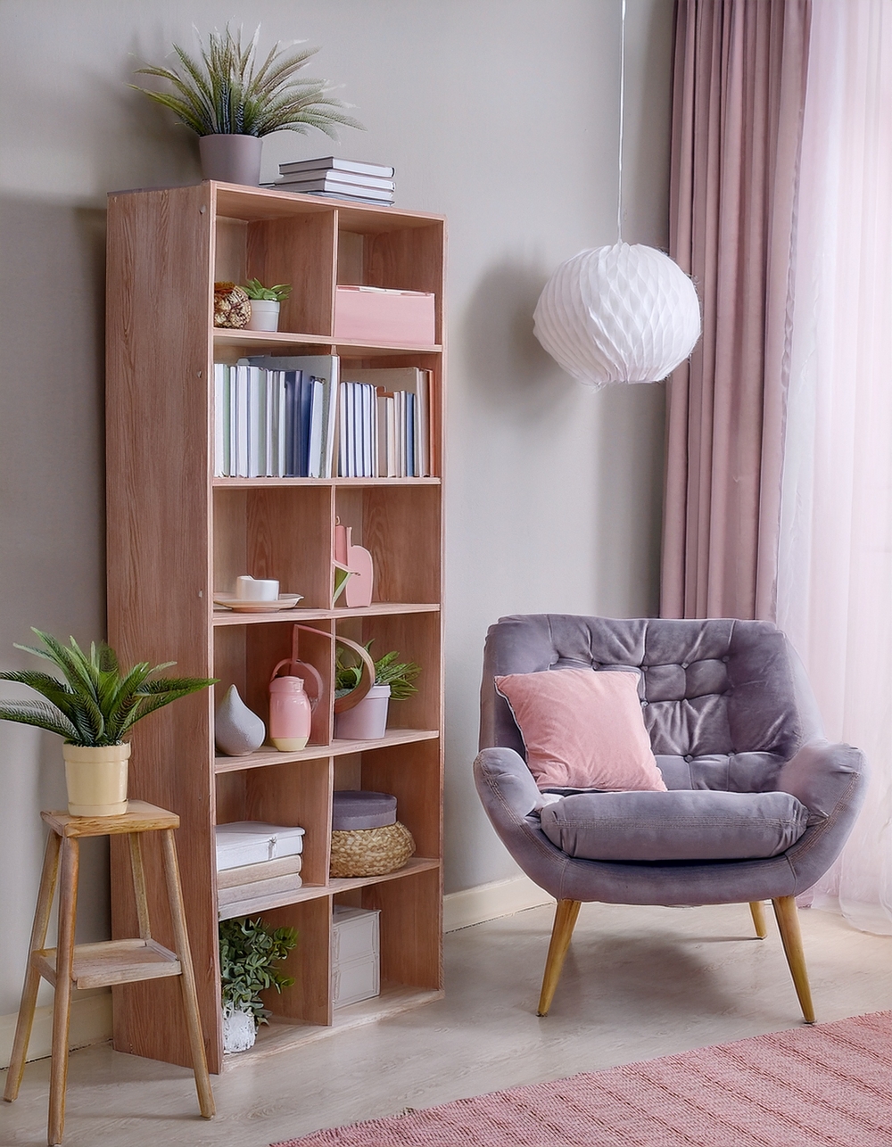 Vertical storage in coastal bedroom