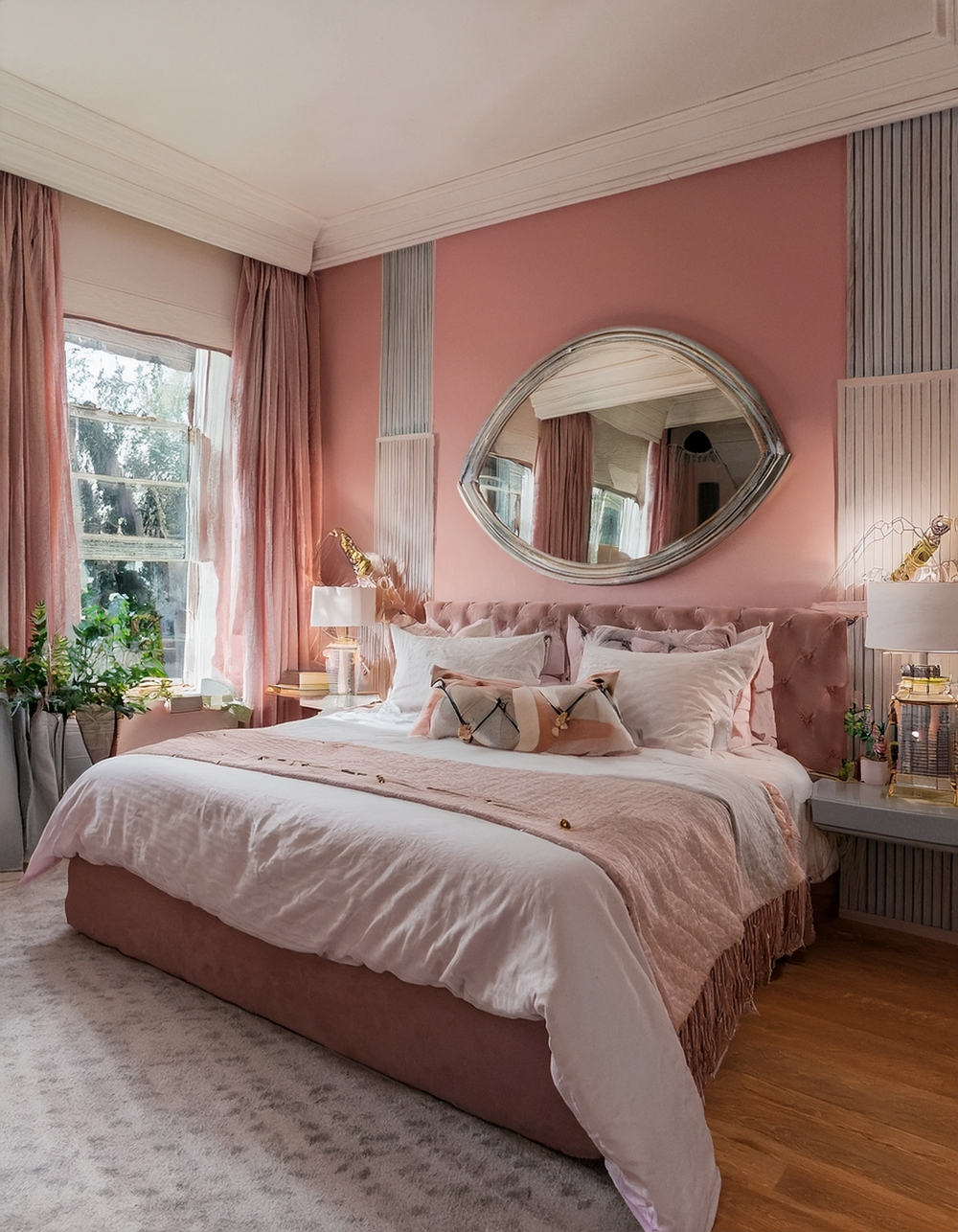 Mirrors in pink coastal bedroom