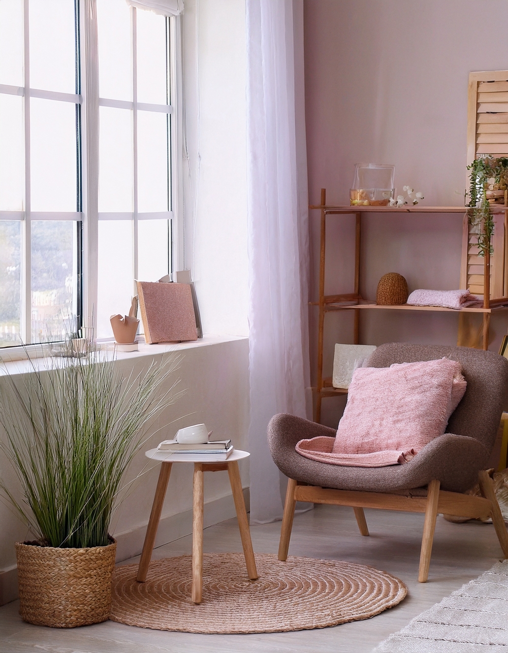Cozy nook in pink coastal bedroom