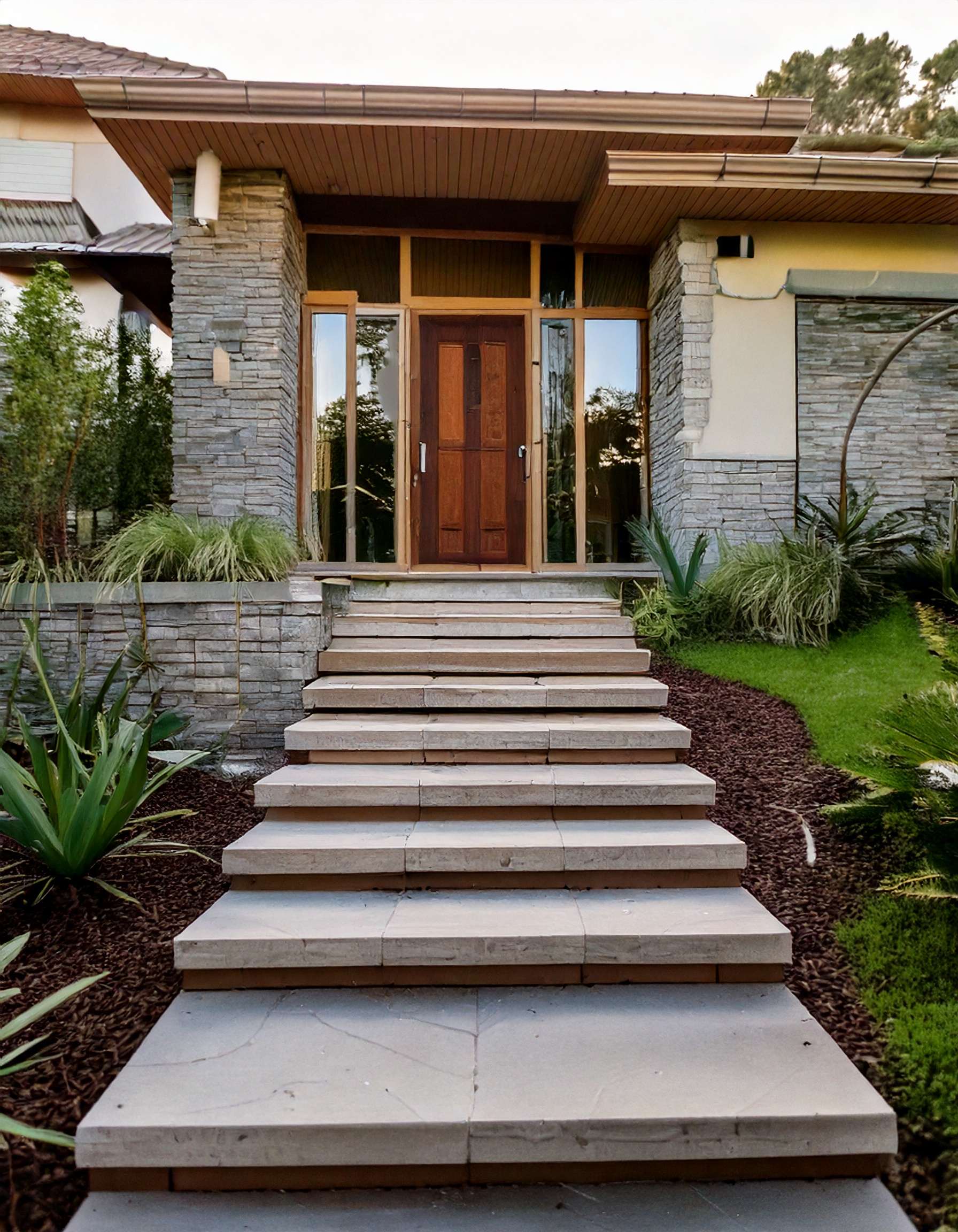 Contemporary entryway with minimalist landscaping and stone steps