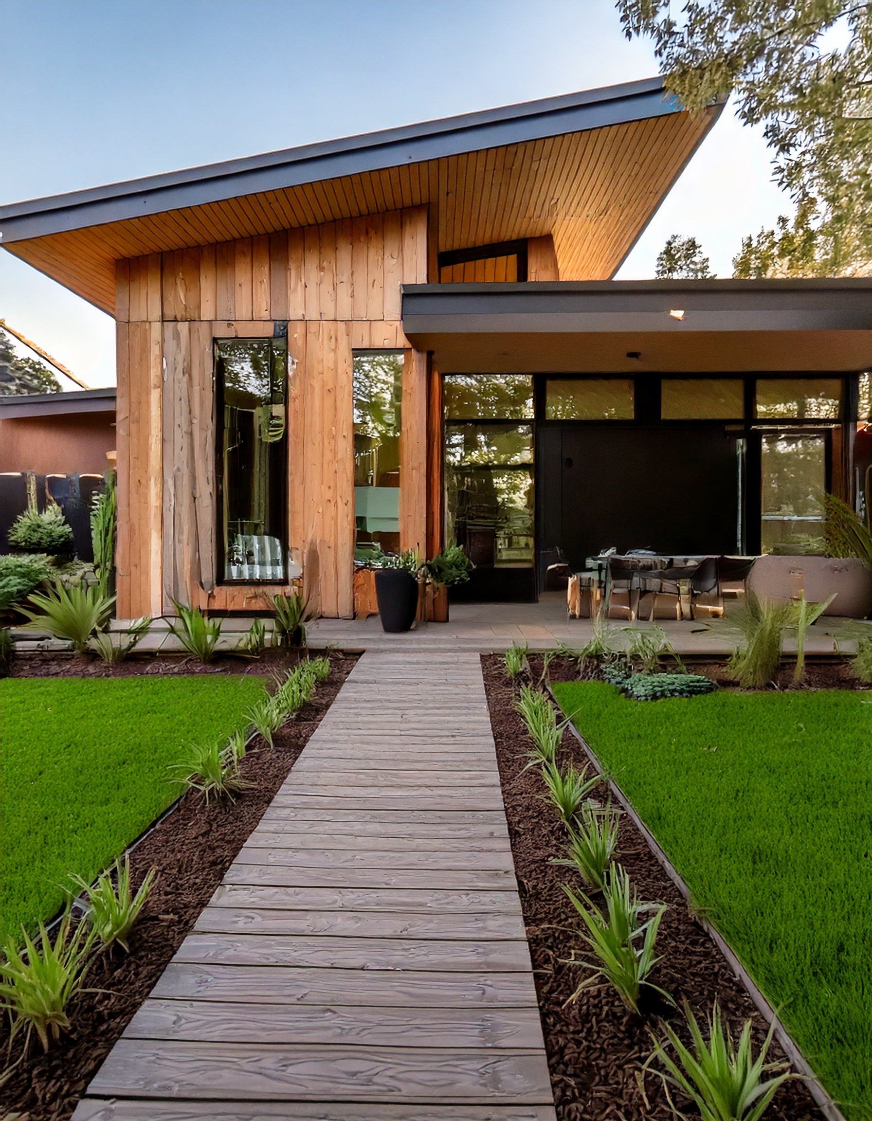 Dark modern exterior with cedar accents and sleek landscaping