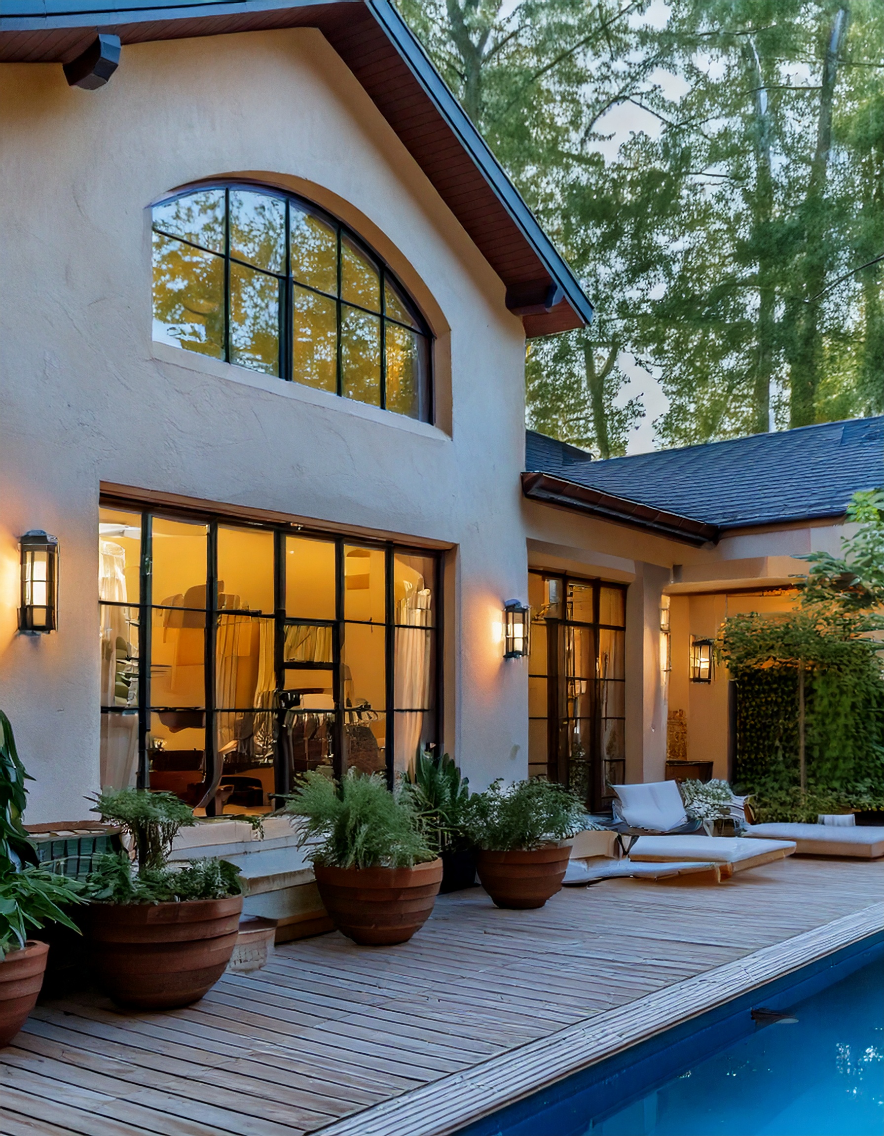 Elegant ranch with arched windows and neutral color scheme
