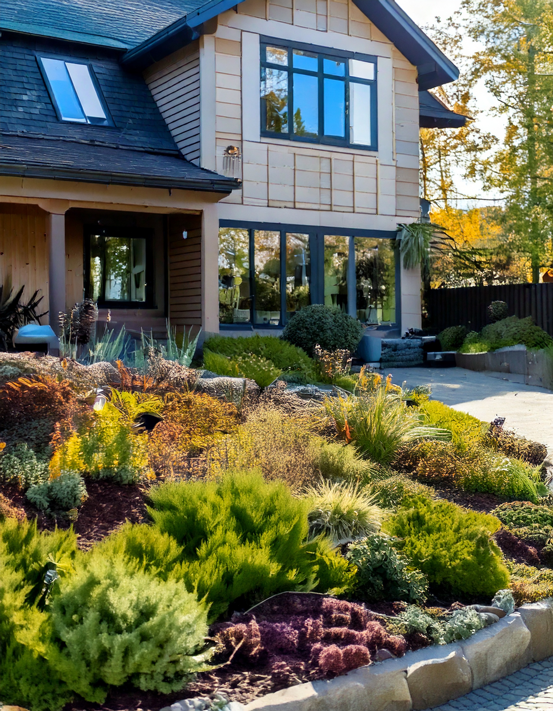 Fresh sage green exterior paired with lush, natural landscaping