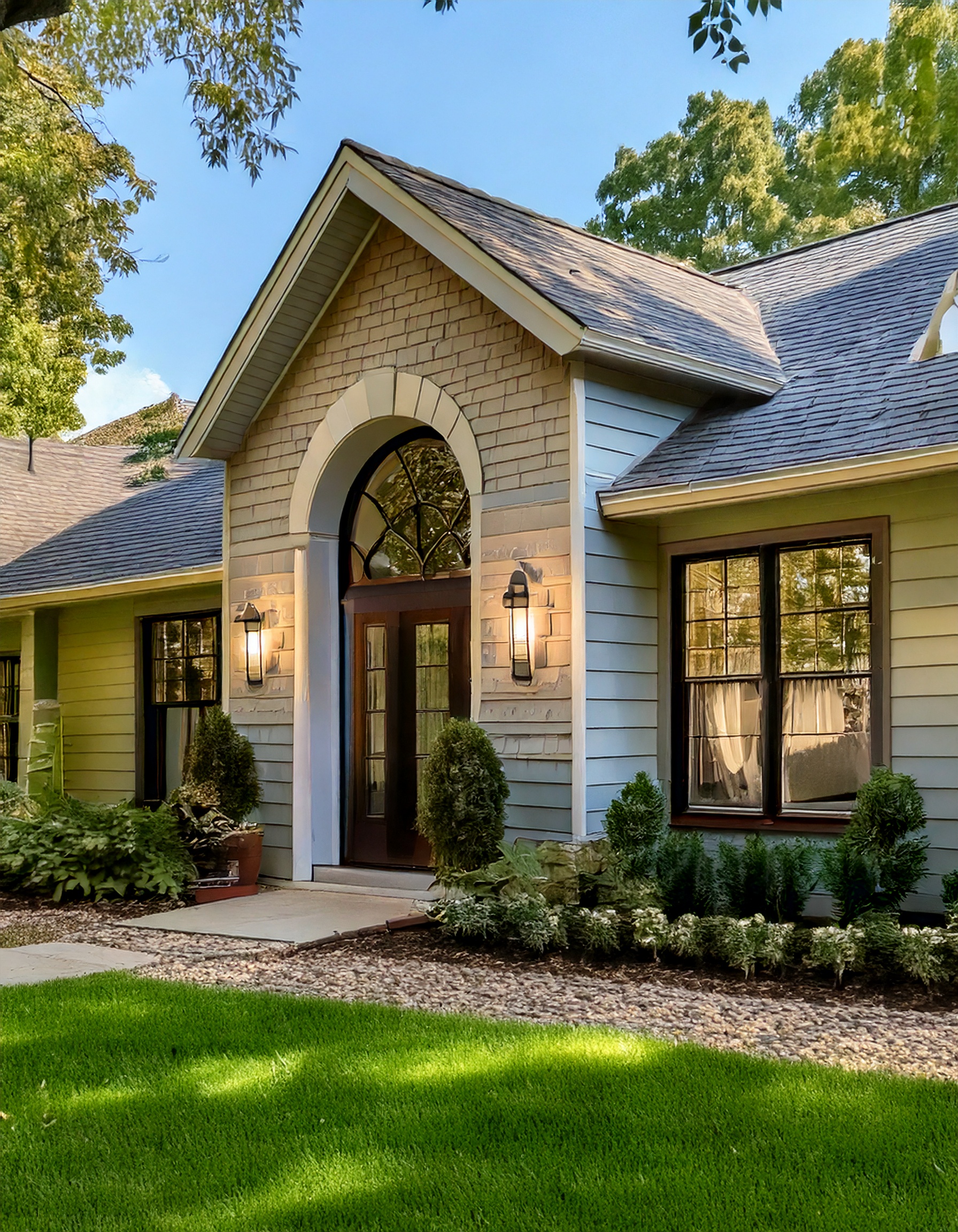 lack and white ranch with contrasting trim and minimal landscaping